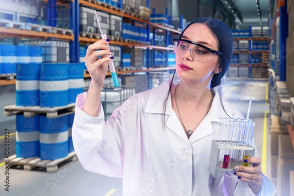Obraz Woman controls oil quality. Laboratory technician at fuel depot. Woman with samples near racks with barrels. Oil testing for eco standards. Woman industrial laboratory assistant in white coat