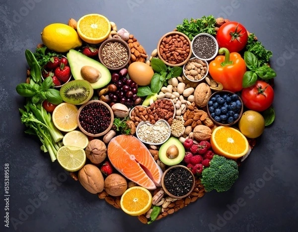 Obraz Heart-shaped array of assorted healthy foods