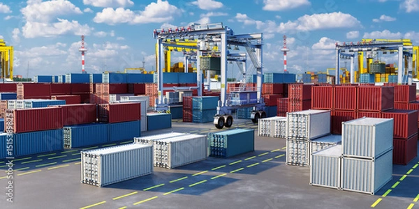 Obraz Vibrant seaport with stacked red, blue, and white cargo containers and gantry cranes operating under a bright blue sky, facilitating import-export logistics. – Shipping, Freight, Logistics