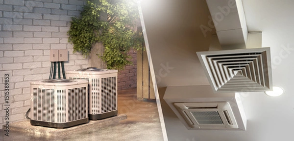 Obraz Conditioning technologies. Air duct under ceiling. Air conditioning equipment outside building. Ventilation system. Vents shafts and grilles view from below. Conditioning pumps after wall.