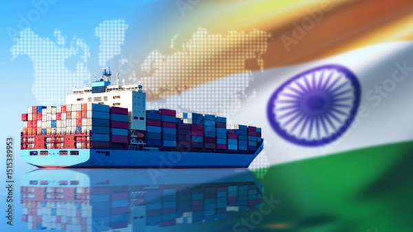 Obraz Container ship with goods from India. Sea vessel sailing in ocean. Ship near world map. Sea vessel under India flag. Ship imports cargo from India. Export of goods across Indian ocean.