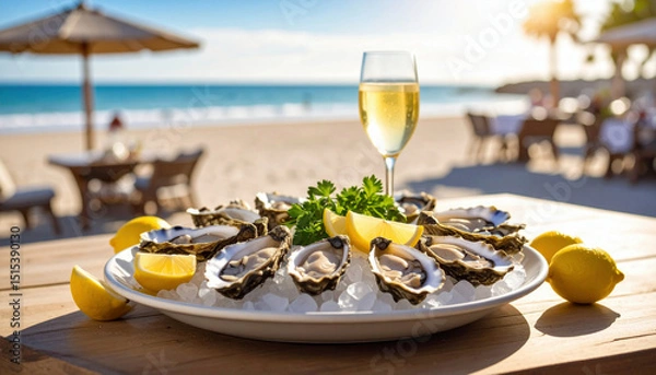 Fototapeta A plate of fresh oysters on ice garnished with lemon and parsley is served with a glass of white wine at a sunny beachfront restaurant setting.