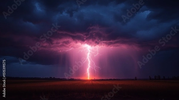 Obraz Lightning strikes through a dark sky over a field of grass
