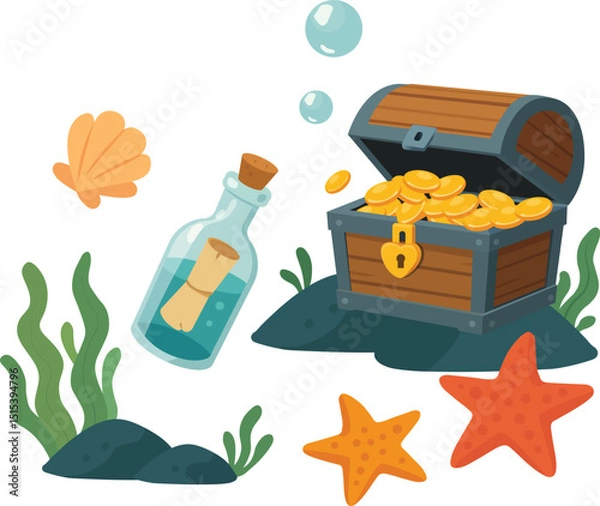 Fototapeta underwater cartoon scene with treasure chest, gold coins, message in a bottle, starfish, seashell, seaweed and bubbles for kids summer designs, party invitations or holiday illustrations