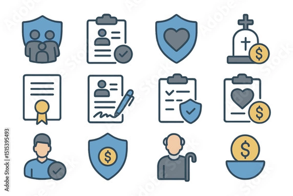 Fototapeta Insurance and security icons with people, shields, money, and documents