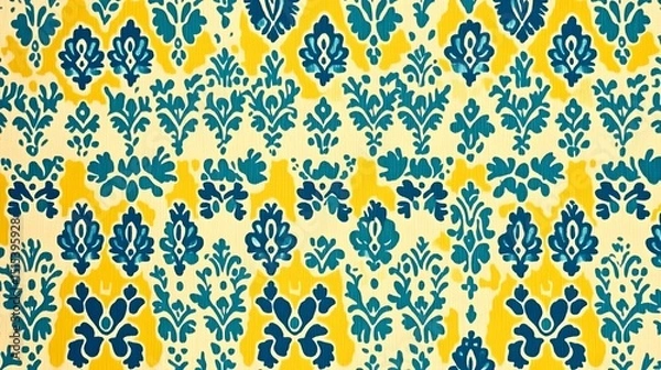 Obraz Teal and Yellow Damask Floral Pattern Textile Fabric Design
