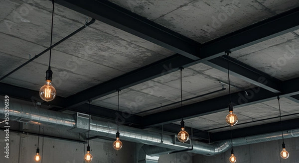 Fototapeta An open ceiling with exposed concrete, ductwork, black steel beams, and vintage filament bulbs hanging on cords.