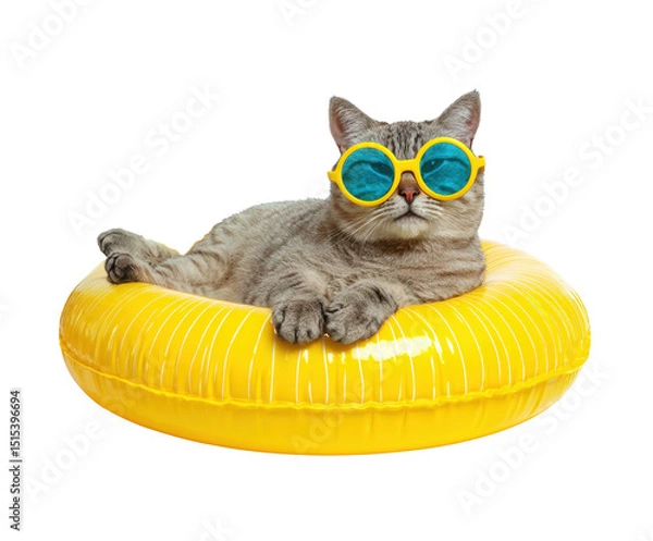 Obraz Cat enjoying summer fun in yellow inflatable ring with sunglasses