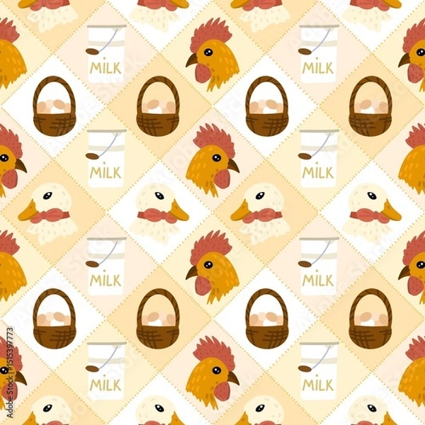 Obraz Seamless farm-themed pattern with chickens, ducks, milk jars, and egg baskets on a patchwork background. Ideal for children’s textiles and packaging.