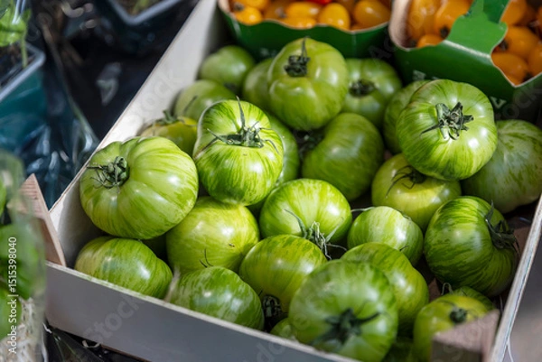Fototapeta Green Zebra Tomatoes are Displayed in a Crate at a Market.
