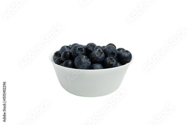 Fototapeta Close-up of fresh blueberries in a plain white ceramic bowl. Front view, transparent background, PNG format.