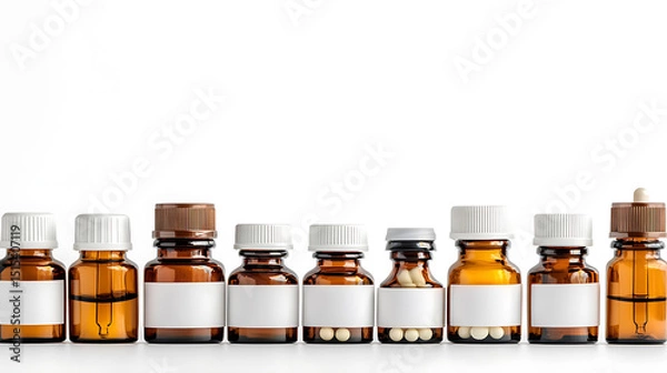 Fototapeta Assorted amber glass medicine bottles with pipette droppers and blank labels on white
