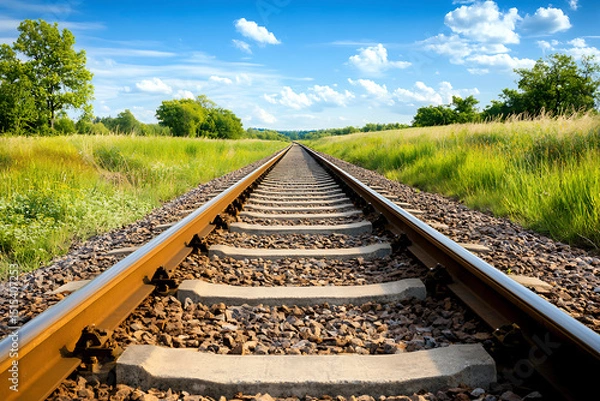 Fototapeta Diminishing Perspective of Twin Train Tracks Surrounded by Vibrant Nature