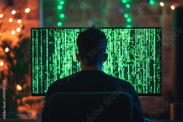 Obraz Mysterious Hacker Silhouette Illuminated by Glowing Monitor with Green Binary Code Background