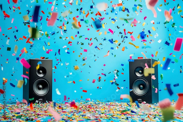 Fototapeta Vibrant Party Celebration with Colorful Confetti and Loud Speakers