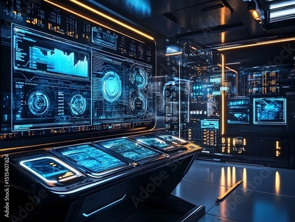 Fototapeta Cyber Command Center: Futuristic control room with sleek interfaces, holographic displays, and intricate data visualizations, emphasizing technology.