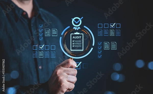 Fototapeta Businessman focusing on audit checklist through magnifying glass icon interface.