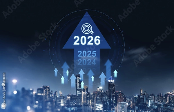 Fototapeta Business growth concept with glowing upward arrows and 2026 target over city skyline at night symbolizing startup success and future goals achievement.