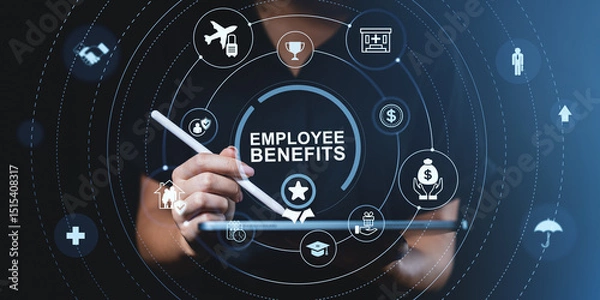 Fototapeta Employee benefits concept with business icons around digital tablet in professional hand on dark blue background, representing workplace compensation..