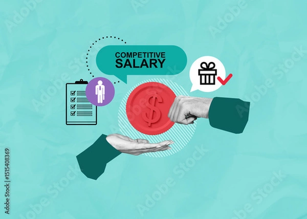Fototapeta Competitive salary concept with hands exchanging red dollar coin, checklist, and gift icon on textured blue background in modern collage style.