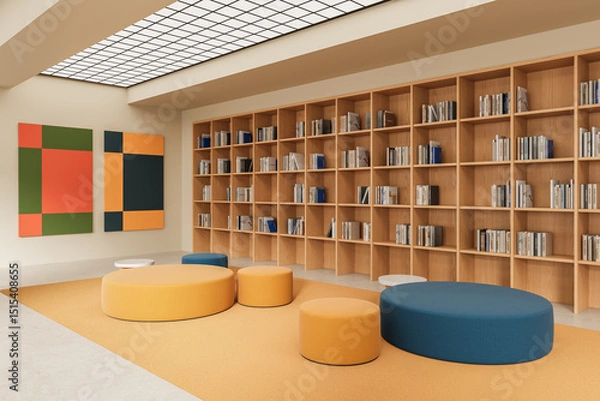 Fototapeta Modern library interior with wooden bookshelves, colorful round seating, abstract wall art, and grid ceiling lights in minimalist design. 3D Rendering