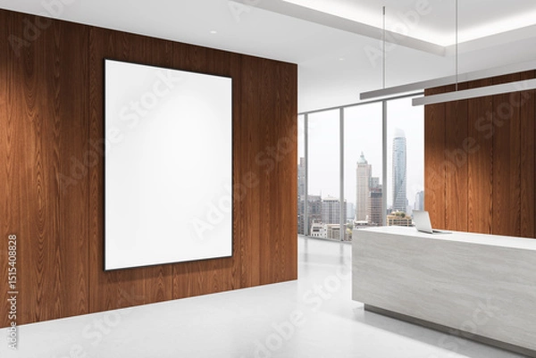 Fototapeta Modern office interior with blank poster mockup on wooden wall, clean reception area and city view through large glass windows in daylight setting. 3D Rendering