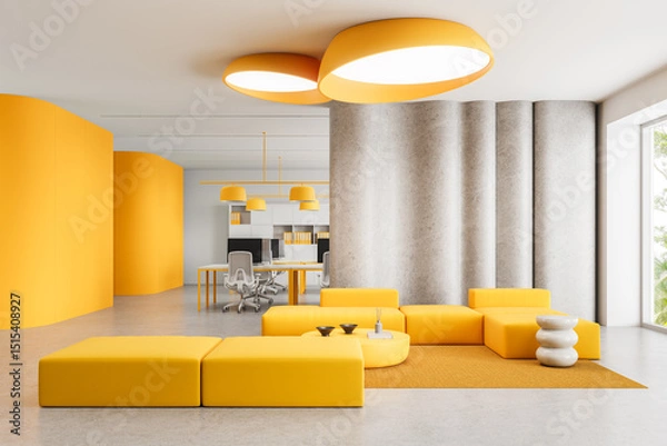 Fototapeta Modern office interior with yellow furniture, round ceiling lights and open workspace with minimalist design and curved wall accents. 3D Rendering. 3D Rendering