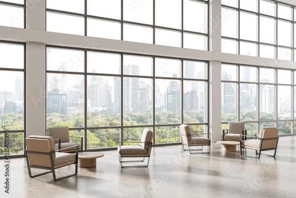 Fototapeta Modern lounge interior design with armchairs and coffee tables in a high-rise building with panoramic city view and large windows. 3D Rendering