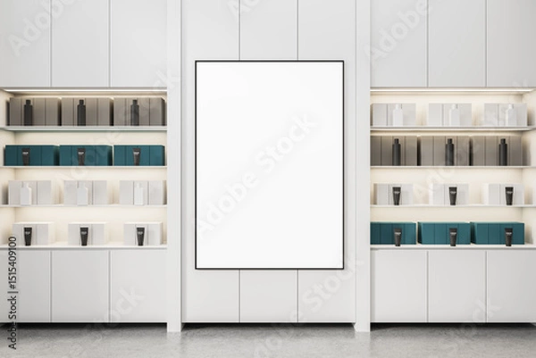 Fototapeta Clean white interior with blank vertical poster mockup surrounded by symmetrical product shelves in modern retail design layout. 3D Rendering