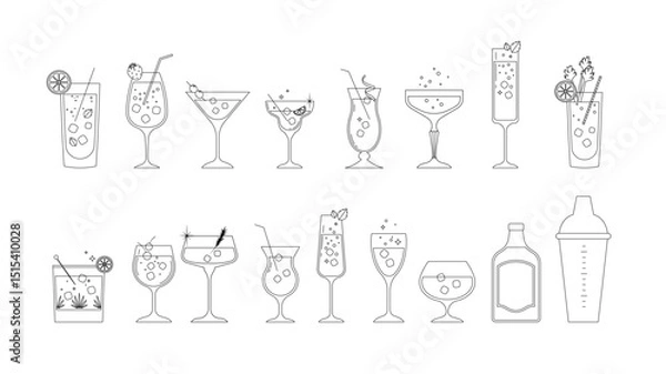 Fototapeta Minimalist linear cocktail Icon set for bar and cocktail party designs