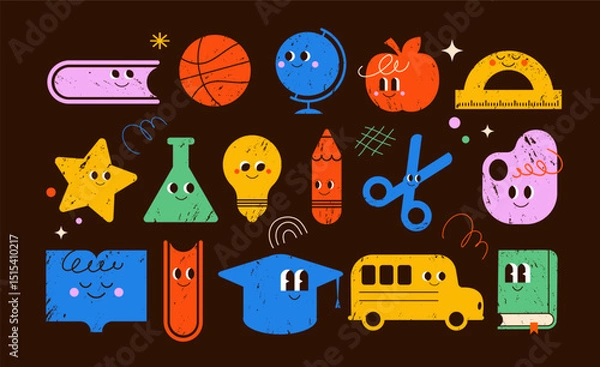 Fototapeta Funny Back to School hand drawn characters icons set