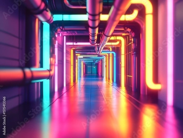 Fototapeta Neon Tunnel of Infrastructure: A striking image of a futuristic tunnel bathed in vibrant neon lights.