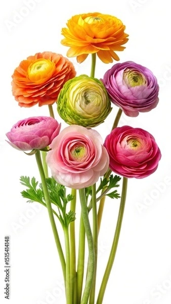 Fototapeta Colorful Ranunculus Flowers on White Background Displaying Delicate Petals and Vibrant Tones