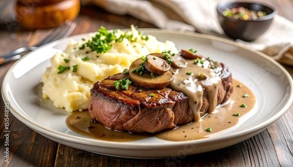 Fototapeta Delicious Plate of Steak and Mashed Potatoes with Mushroom Gravy