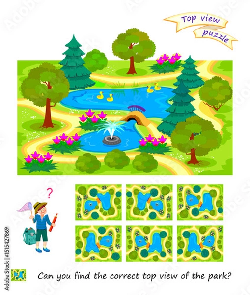 Fototapeta Logic puzzle game for children and adults. Can you find the correct top view of the park? 3D maze. Printable page for brain teaser book. Developing spatial thinking. IQ test. Flat vector illustration