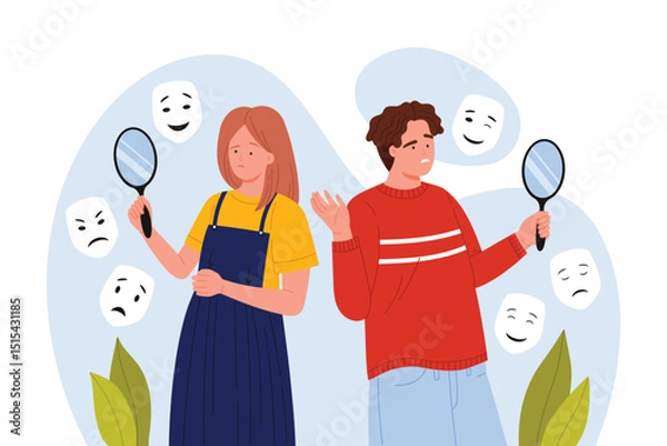 Obraz Man and woman holding mirrors with floating masks, symbolizing identity, self-reflection, emotional awareness, and psychological exploration vector illustration