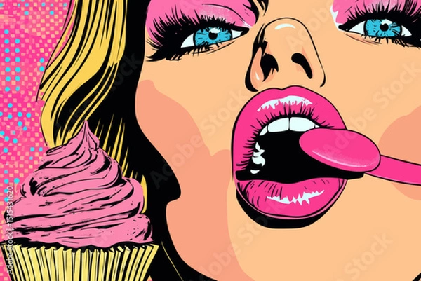 Obraz A woman's mouth is open in a sexy manner as she eats a colorful cupcake, set against a modern bright background in comic retro pop art style