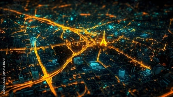 Fototapeta Futuristic glowing map of Paris with illuminated streets