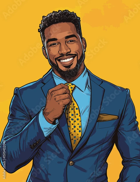 Obraz Modern color pop art style illustration features a businessman in suit, specifically a handsome African-American guy wearing a black jacket, embodying a happy successful Office manager