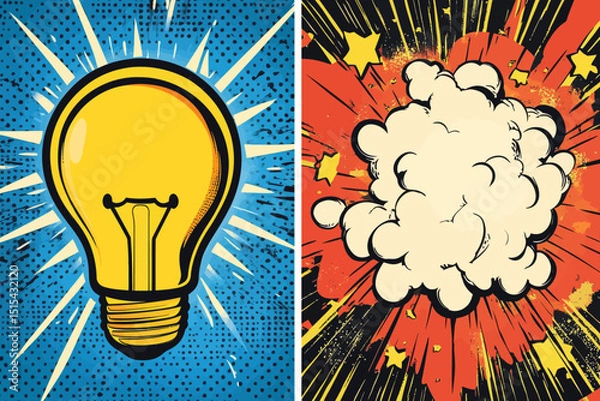 Obraz The concept of an idea is represented by an on and off light bulb in a pop art style