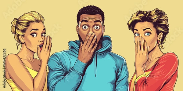 Obraz People in Pop Art Style are depicted with surprised expressions, alongside amazed and happy men and women showcasing human emotions, all presented for sale with wow faces in a modern comic-style