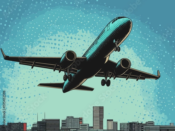Obraz Retro modern illustration of a passenger plane taking off in pop art style, resembling a comic book
