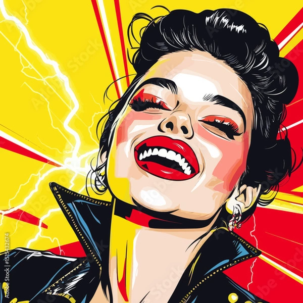 Obraz A woman in a cartoon pop art style is depicted smiling against a red background