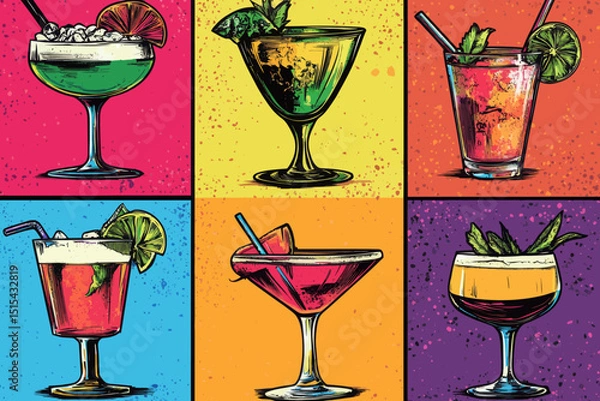 Obraz A range of cocktails, accompanied by pop art style illustrations, and created using generative AI