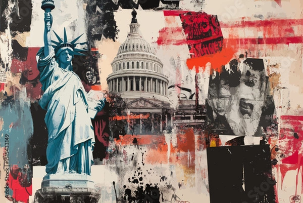 Obraz A digital collage in pop art style, incorporating American symbolism and political figures, represents American culture and history, suitable for posters, banners, and social media, featuring the
