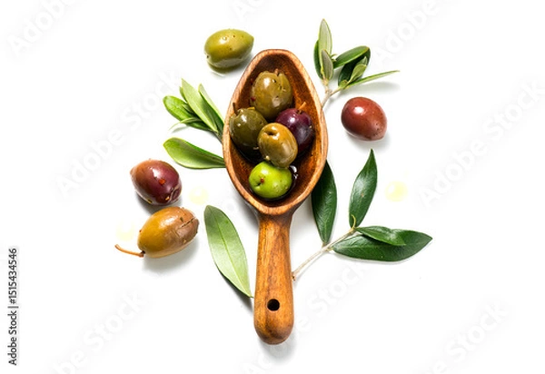 Fototapeta Olives, homemade marinated colorful olives with herbs and spices isolated on white background, in a rustic wooden spoon, close up. Healthy Mediterranean vegan food. Top view, flat lay