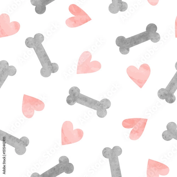 Obraz Bones and hearts seamless pattern. Vector watercolor pets illustration	