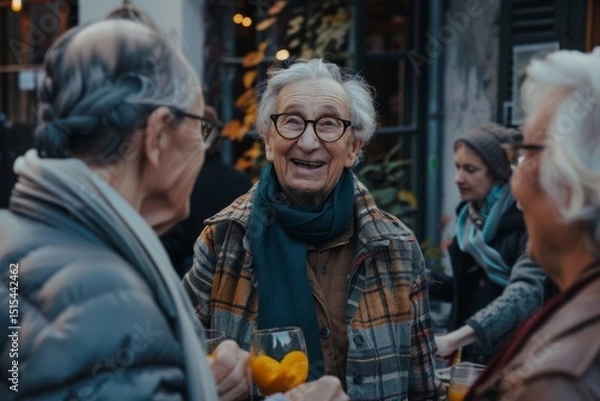 Fototapeta senior couple talking and smiling while sitting at table in street cafe