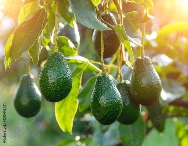 Obraz Ripe Avocados on Branch with Sunlight.