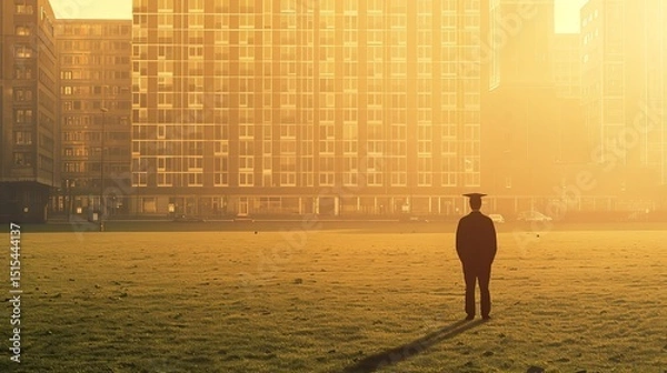 Obraz A male graduate in cap and gown stands alone, facing a university building in dramatic sunset light